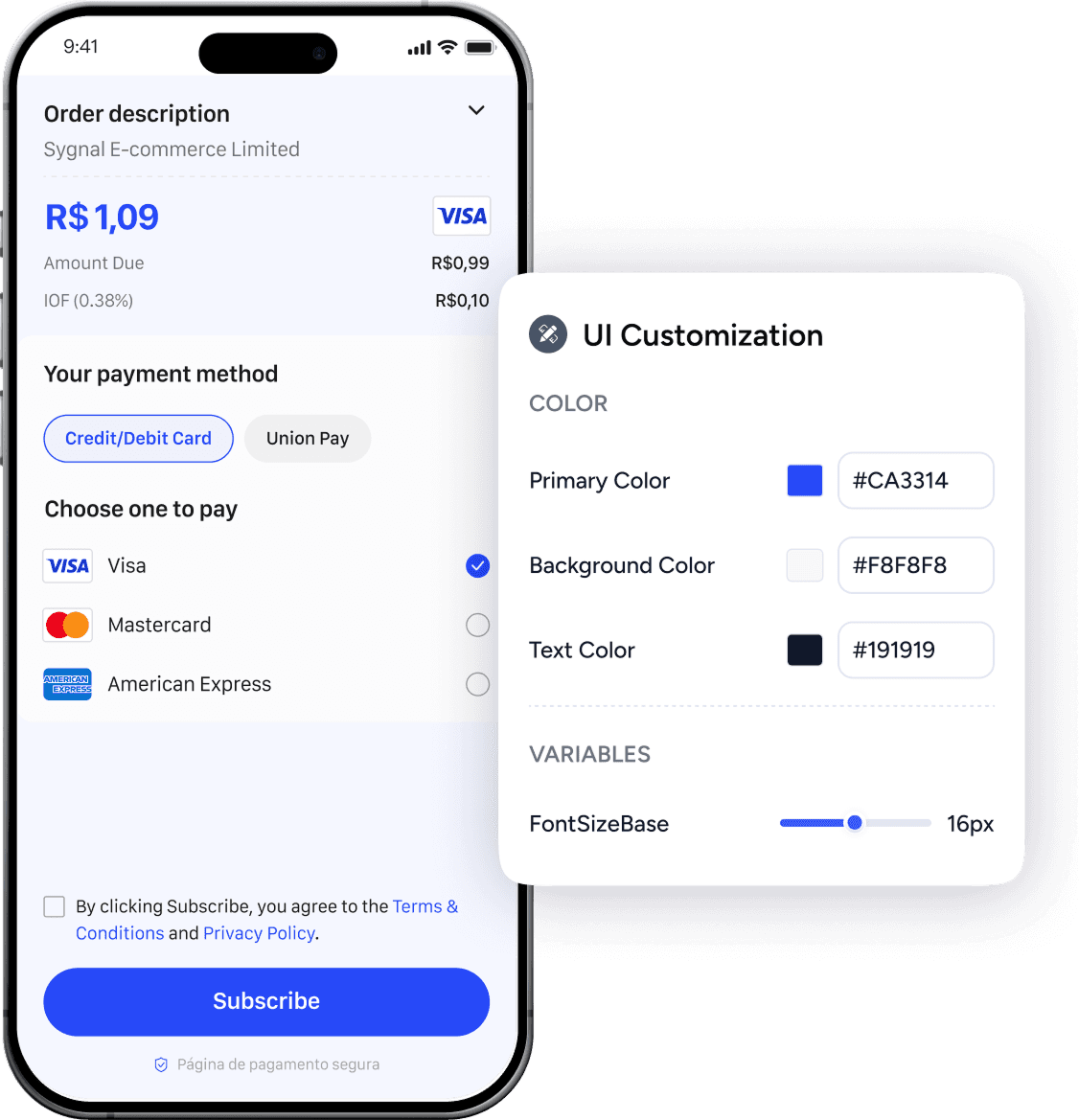 Waffo Checkout brand customization — default blue theme with pixel-perfect visual editor